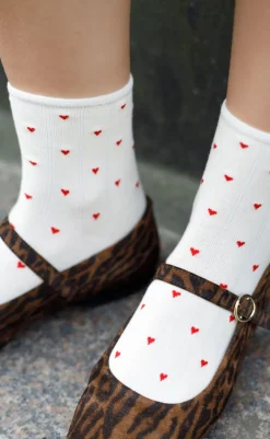 New Strømper - Alea - Creme W. Red Hearts Strømper & Strømpebukser