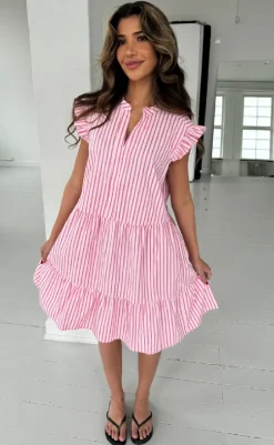 New Kjole - Bea - Small Pink Stripe Kjoler