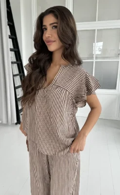 Hot Top - Christel - Brown Small Stripe T-shirts & Toppe
