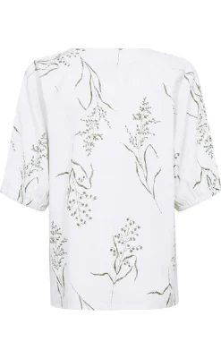New Bluse - Laluna - Brilliant White w. Deep Lichen Green Bluser