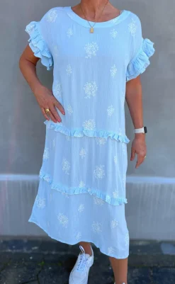 Clearance Ina Copenhagen Kjole - Dalila - Light Blue / White Embroidery Kjoler