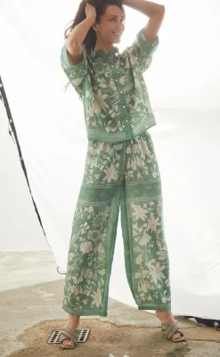 Sale Love & Divine Bukser - Love1176-4 - Green Flower Bukser & Jeans