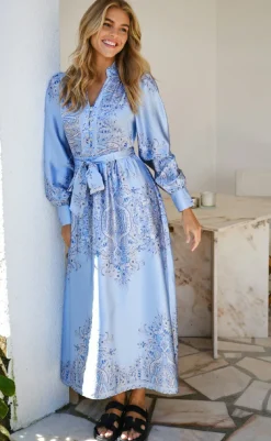 Online Kjole - Nova Paisley Border - Light Blue Kjoler