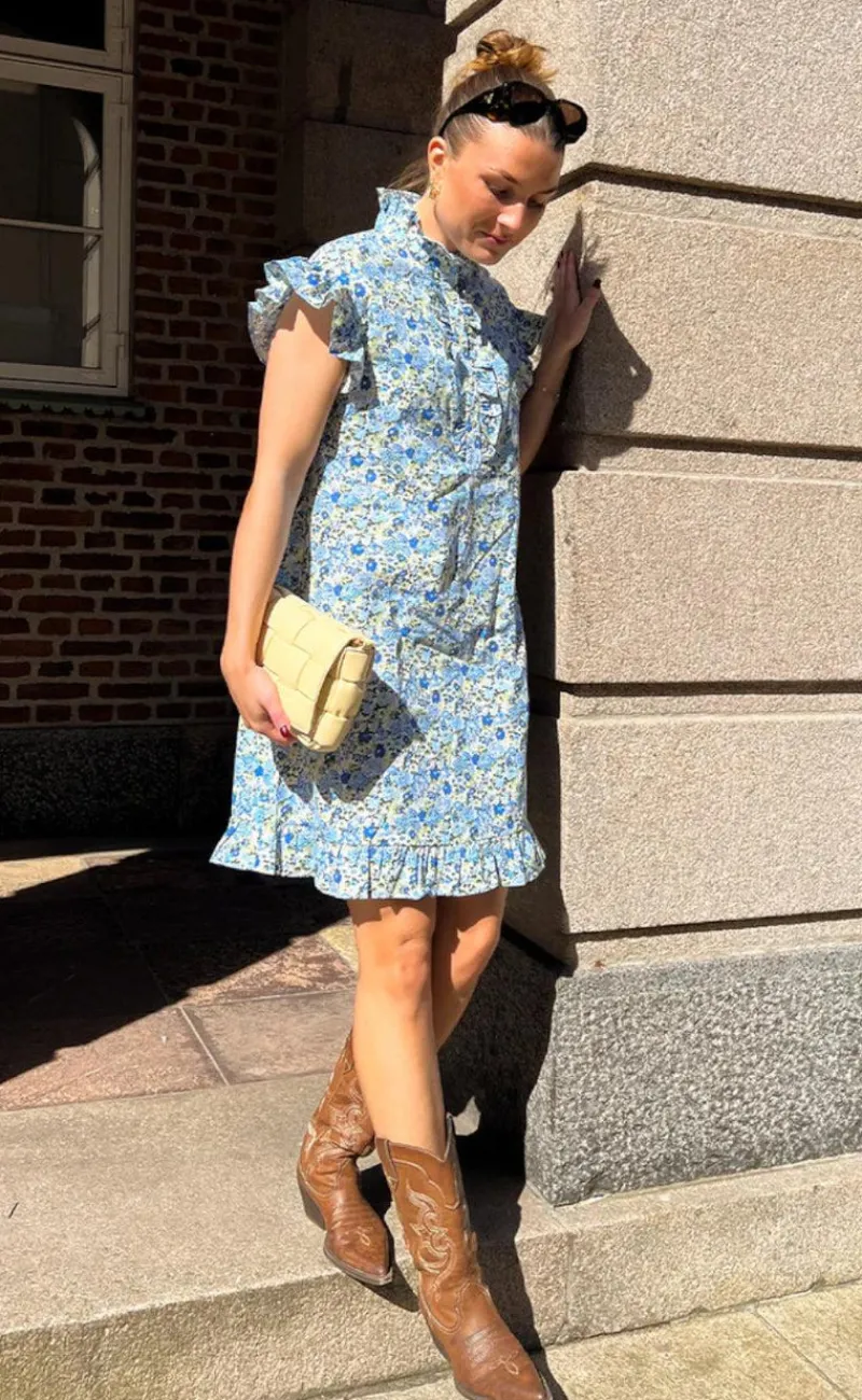 New Kjole - Sally - Blue/Yellow Flower Kjoler