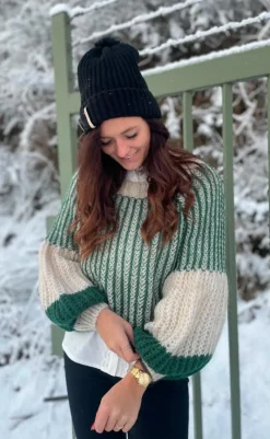 Outlet Sweater - Liana - Beige/Bottle Green Striktrøjer & Sweat