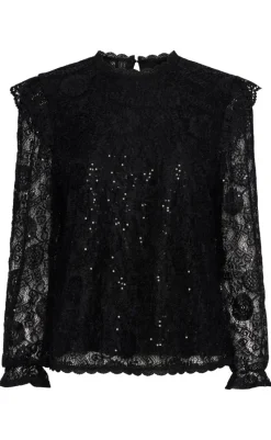 Online Top - Olline LS Lace Sequins - Black T-shirts & Toppe