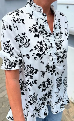 Hot Bluse - Philine - White/Black Roses Bluser