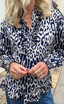 Clearance Bluse - Pia - Navy Blue Leopard Bluser