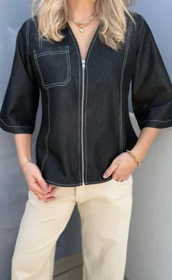 Best Bluse - Zenia Zipper - Black Denim Bluser