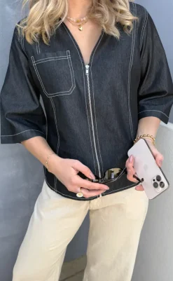 Best Bluse - Zenia Zipper - Black Denim Bluser