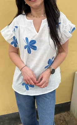 Clearance Bluse - Emma - Blue Leaf Embroidery Bluser