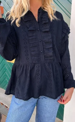 Discount Bluse - Frida - Navy Blue Broderie Anglaise Bluser