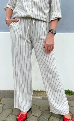 Discount Bukser - Juliana Linen - Off White / Black Striped Bukser & Jeans|Striktrøjer & Sweat