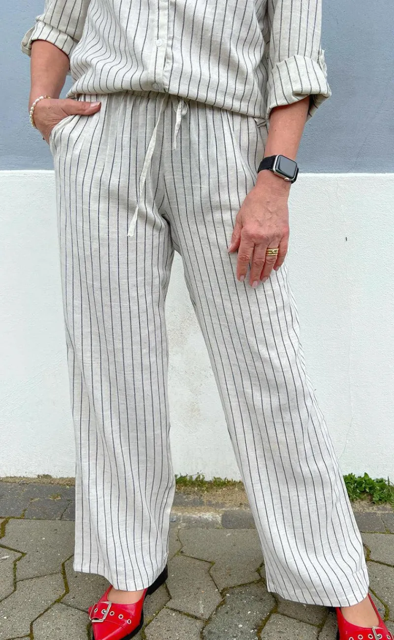 Discount Bukser - Juliana Linen - Off White / Black Striped Bukser & Jeans|Striktrøjer & Sweat