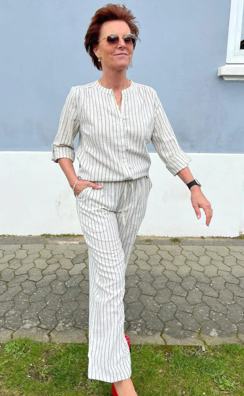 Discount Bukser - Juliana Linen - Off White / Black Striped Bukser & Jeans|Striktrøjer & Sweat