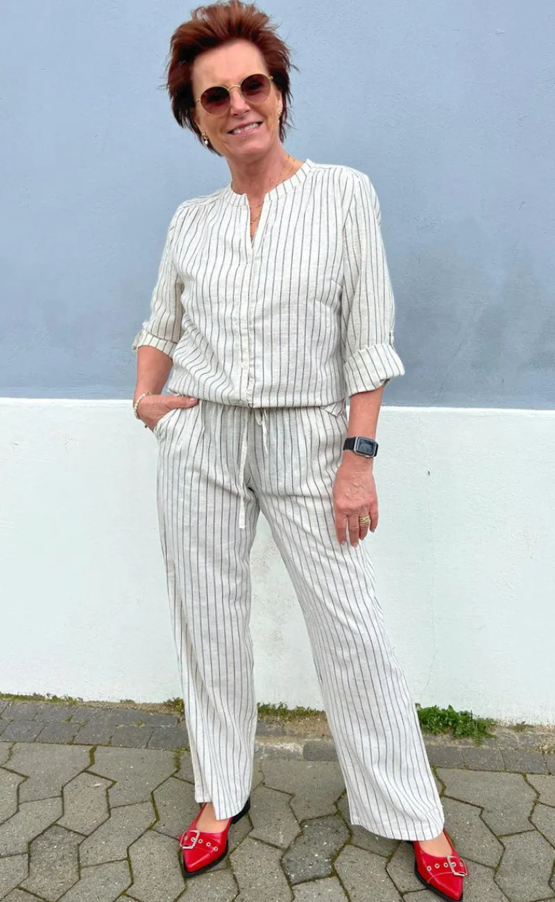 Discount Bukser - Juliana Linen - Off White / Black Striped Bukser & Jeans|Striktrøjer & Sweat