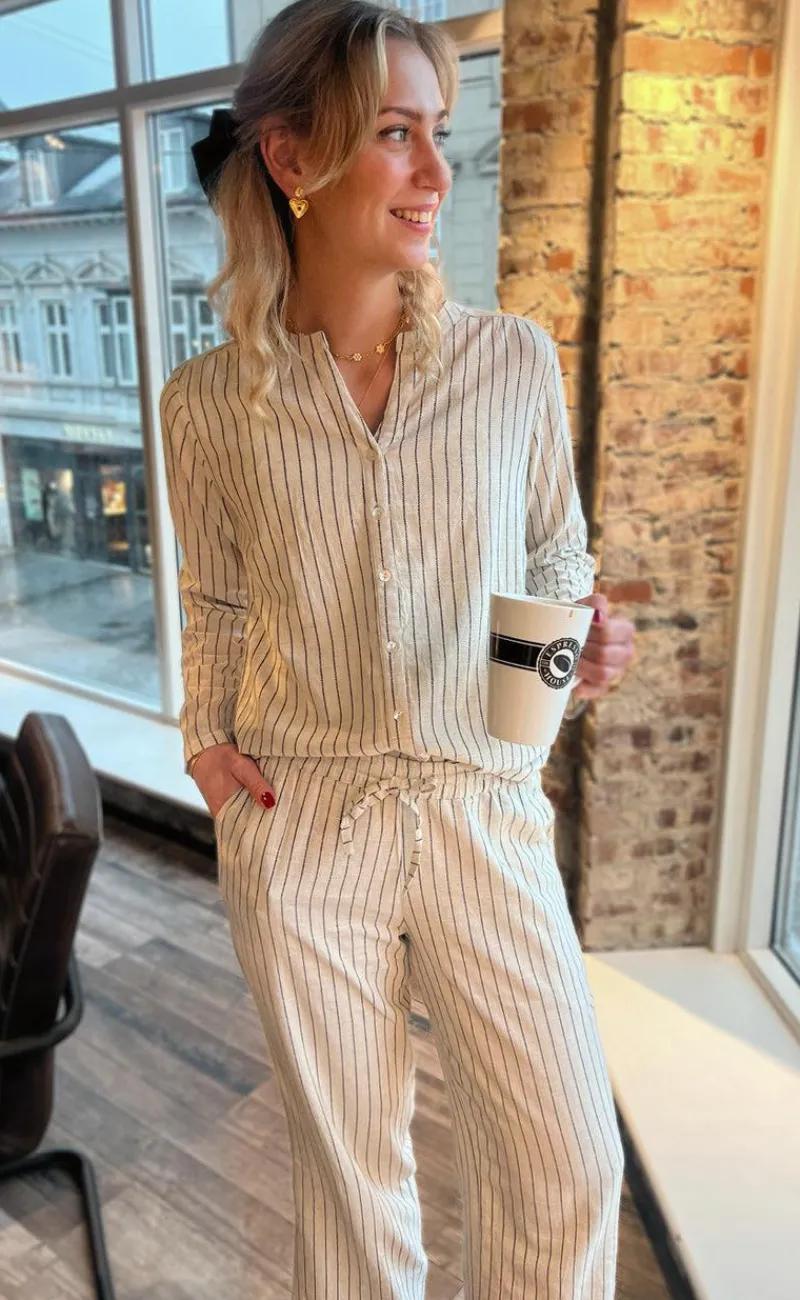 Discount Bukser - Juliana Linen - Off White / Black Striped Bukser & Jeans|Striktrøjer & Sweat