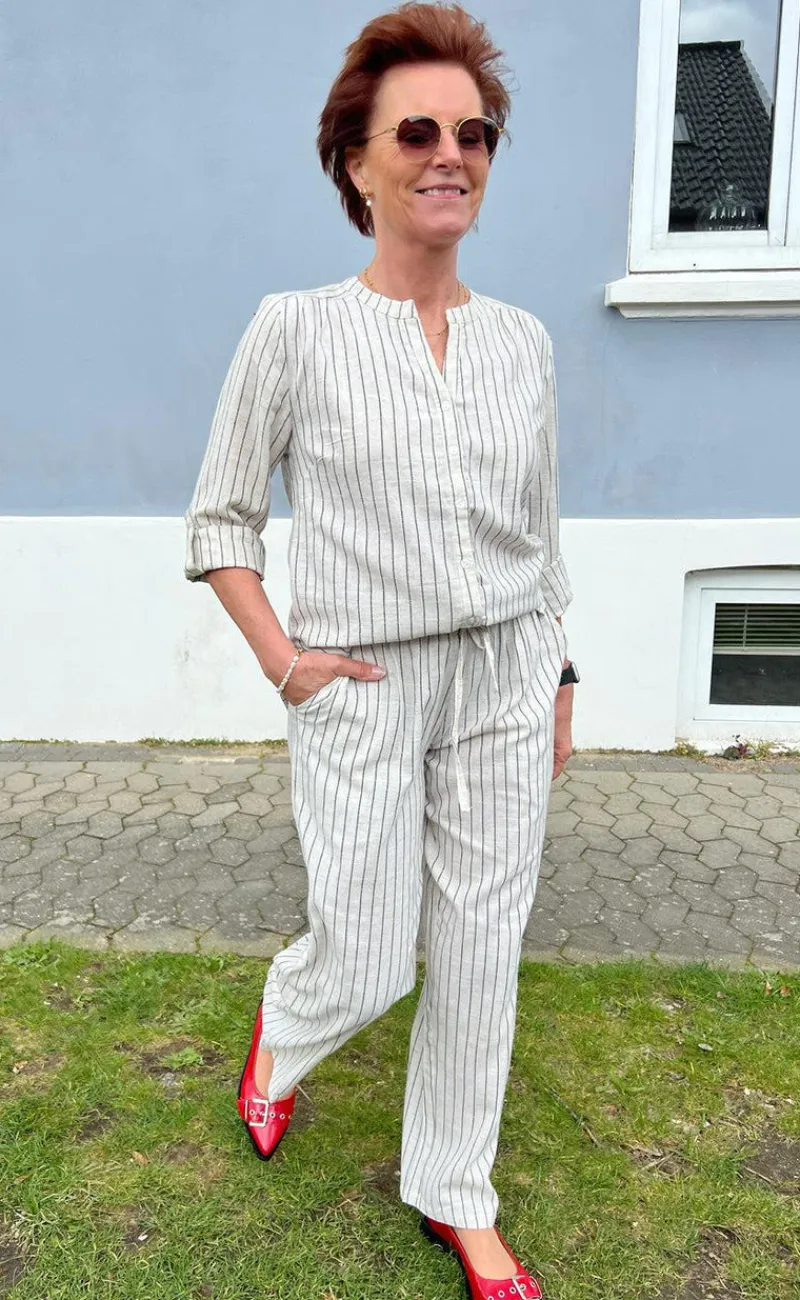 Discount Bukser - Juliana Linen - Off White / Black Striped Bukser & Jeans|Striktrøjer & Sweat