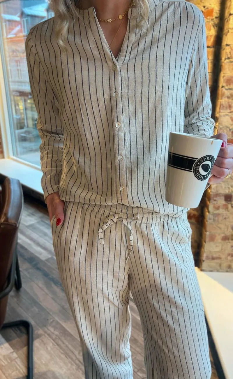 Discount Bukser - Juliana Linen - Off White / Black Striped Bukser & Jeans|Striktrøjer & Sweat