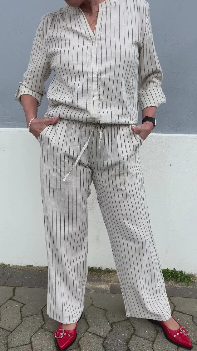 Discount Bukser - Juliana Linen - Off White / Black Striped Bukser & Jeans|Striktrøjer & Sweat