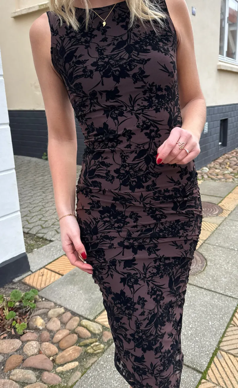 Outlet Kjole - Sophia Mesh - Brown W. Black Flower Kjoler