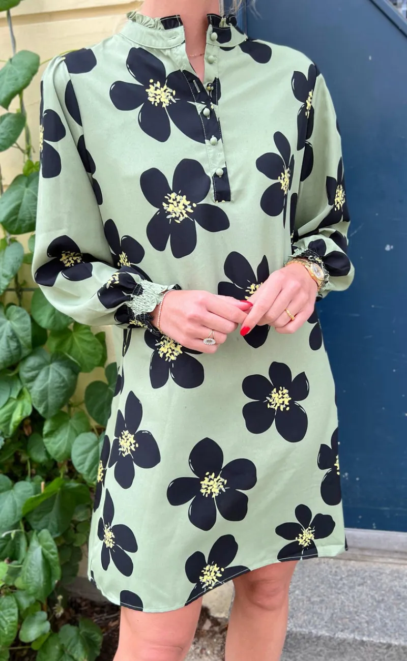 Discount Kjole - Augusta - Dusty Green/Black Flower Kjoler