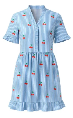 Sale Kjole - Catja Summer - Blue Striped W. Cherries Kjoler