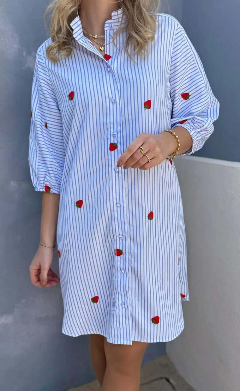 Discount Kjole - Selma - Blue Striped W. Strawberries Kjoler