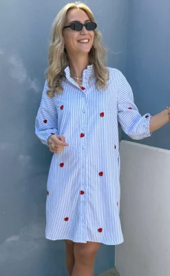 Discount Kjole - Selma - Blue Striped W. Strawberries Kjoler