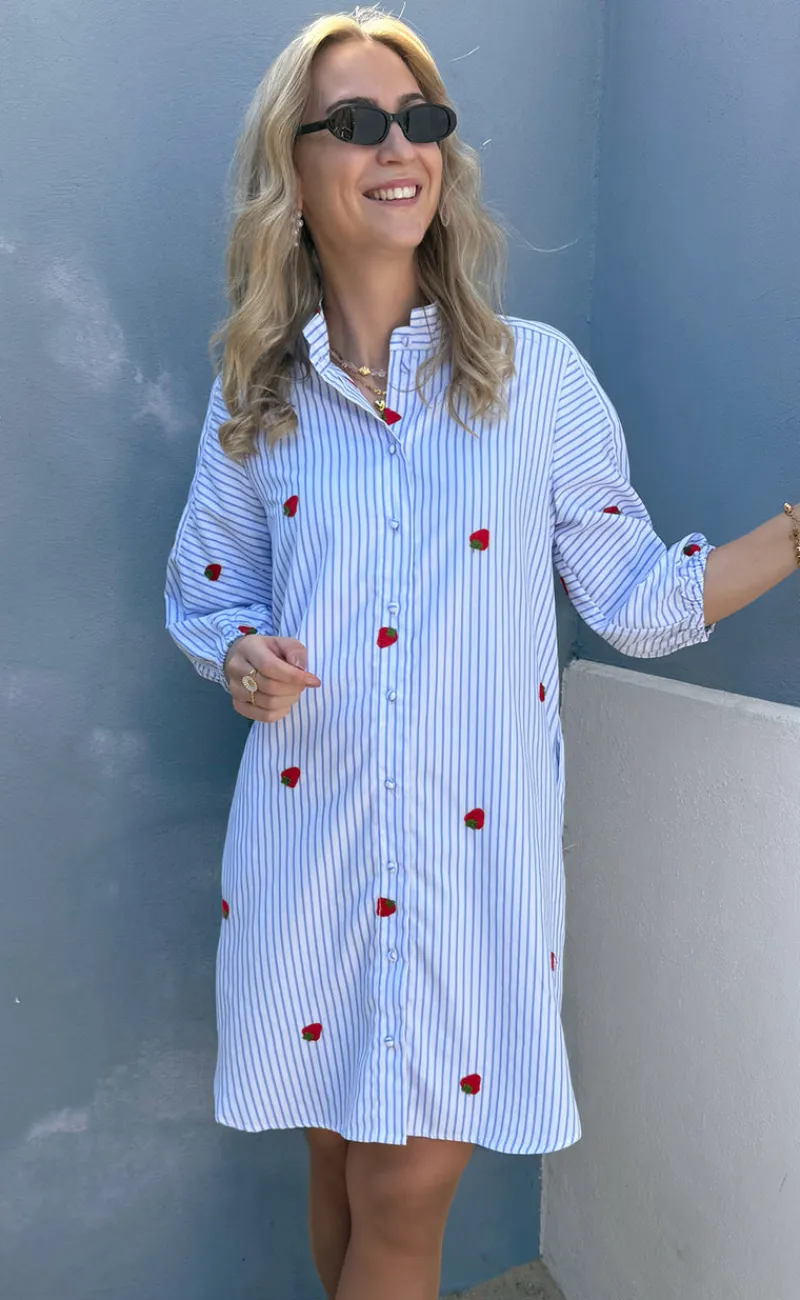 Discount Kjole - Selma - Blue Striped W. Strawberries Kjoler