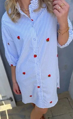 Discount Kjole - Selma - Blue Striped W. Strawberries Kjoler