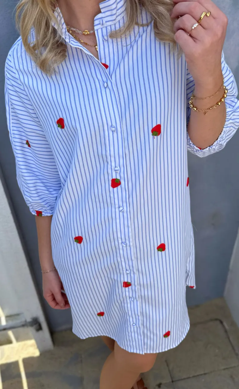 Discount Kjole - Selma - Blue Striped W. Strawberries Kjoler