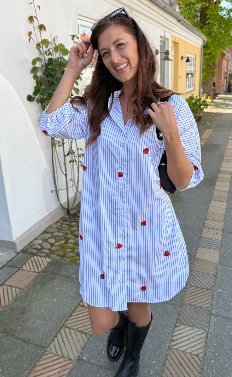 Discount Kjole - Selma - Blue Striped W. Strawberries Kjoler