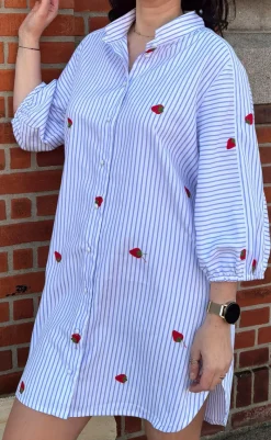 Discount Kjole - Selma - Blue Striped W. Strawberries Kjoler