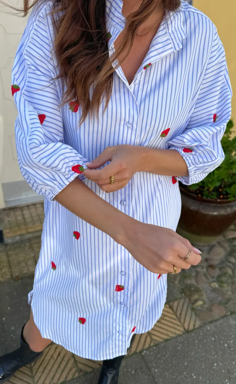 Discount Kjole - Selma - Blue Striped W. Strawberries Kjoler