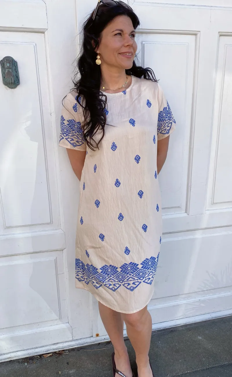 Outlet Kjole - Laia - Beige W. Blue Print Kjoler