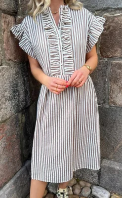 Kjole - Amelia - White/Brown Striped Kjoler