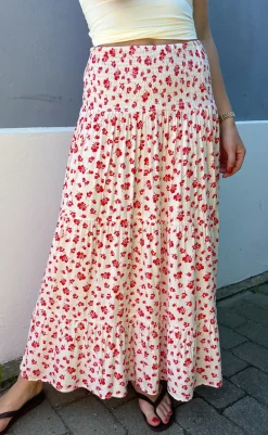 Clearance Nederdel - Nikoline - White/Red Flowers Nederdele