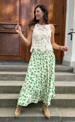 Hot Nederdel - Nikoline - White/Green Flowers Nederdele