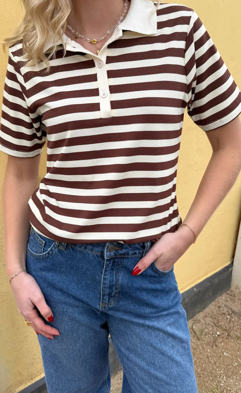 Clearance Polo T-Shirt - Pamela Summer - Brown Striped T-shirts & Toppe