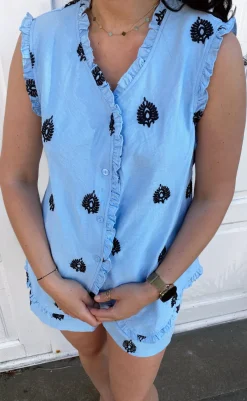 New Shorts - Melania - Blue W. Black Embroidery Shorts