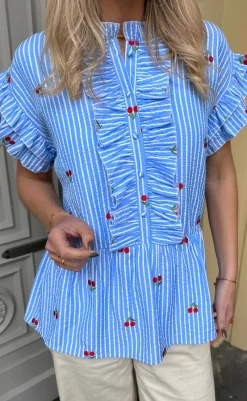 Discount Top - Freya - Blue Striped W. Cherries T-shirts & Toppe