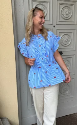 Discount Top - Freya - Blue Striped W. Cherries T-shirts & Toppe