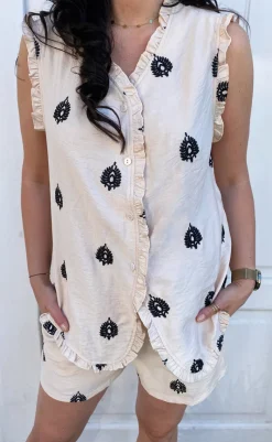 Online Top - Melania - Beige w. Black Embroidery T-shirts & Toppe