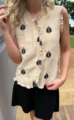 Online Top - Melania - Beige w. Black Embroidery T-shirts & Toppe