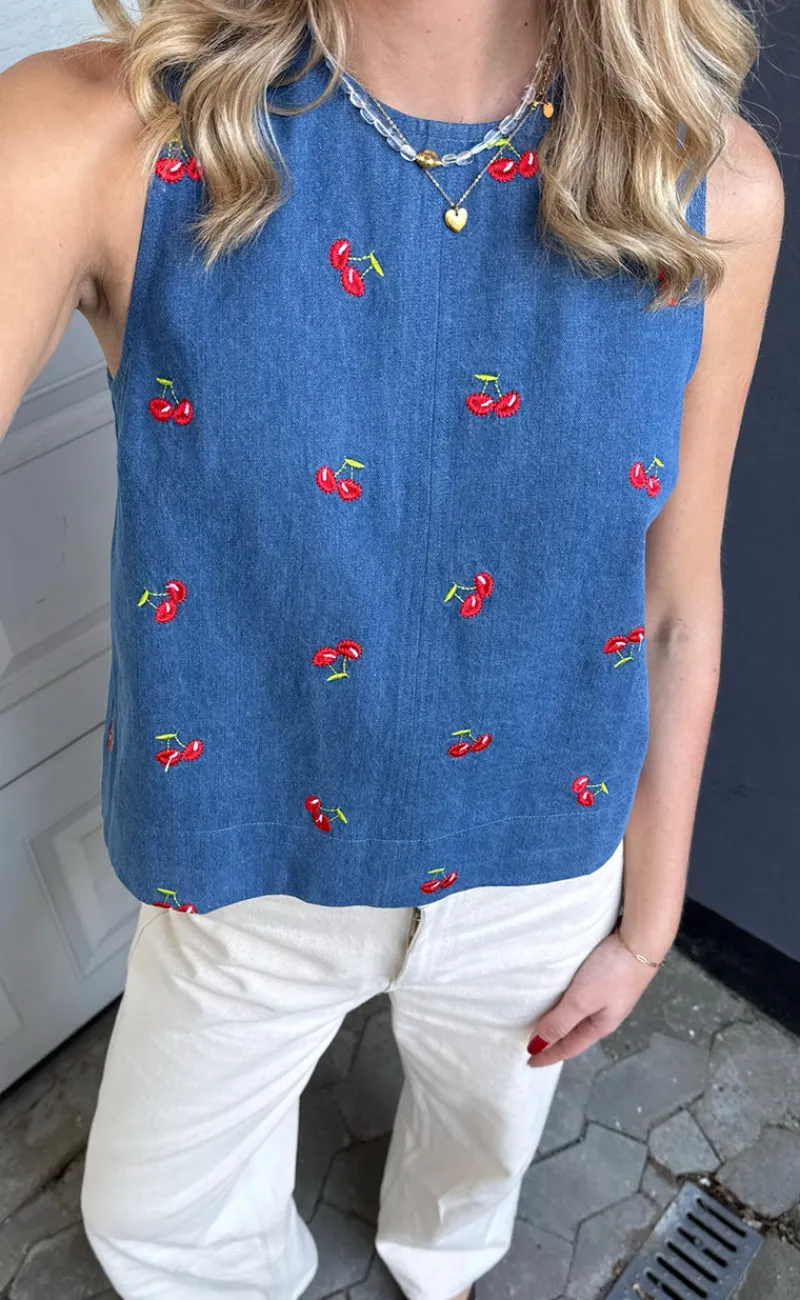 Online Top - Naja - Denim Blue w. Cherries T-shirts & Toppe