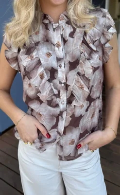 Hot Top - Zita - Brown Flowers T-shirts & Toppe