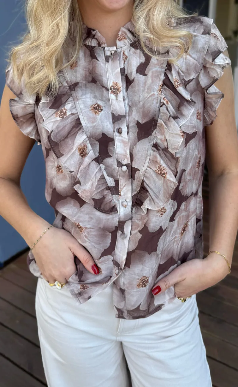 Hot Top - Zita - Brown Flowers T-shirts & Toppe