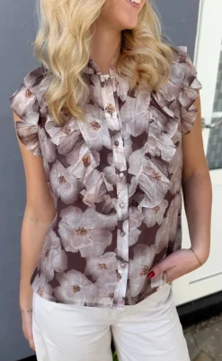 Hot Top - Zita - Brown Flowers T-shirts & Toppe